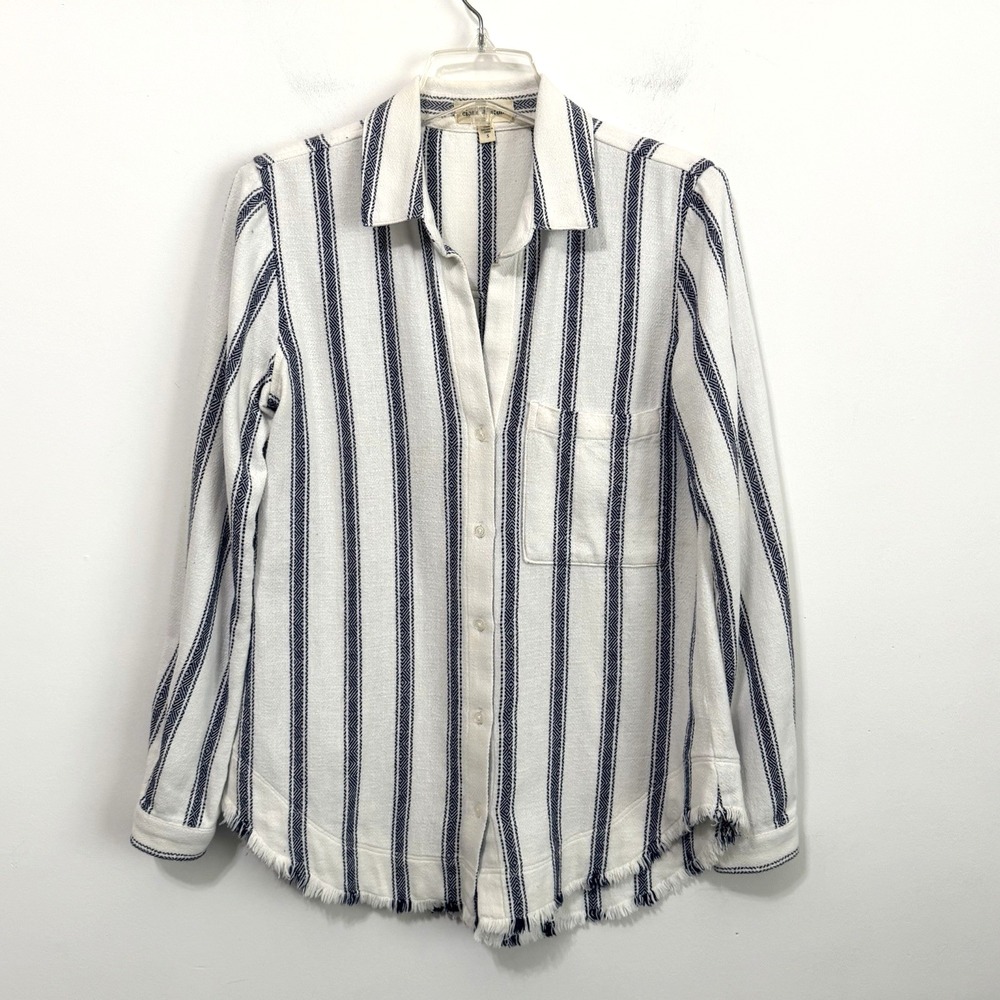 Cloth & Stone Soft Blouse Top S Blue Stripe‎ Long Sleeve Frayed Hem Boho Shirt